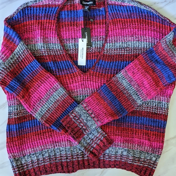 EXPRESS Striped Split Back V-Neck Sweater Size M - Picture 3 of 11